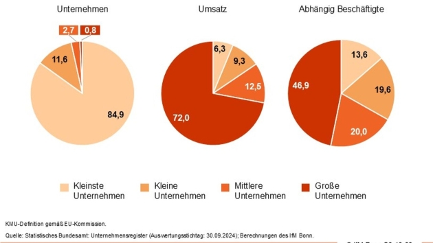 Volkswirtschaftliche Bedeutung der KMU bleibt trotz Krisen hoch - Verteilung von Unternehmen, Umsatz und Beschäftigten auf Unternehmensgrößenklassen (2023) - Quelle: IfM Bonn